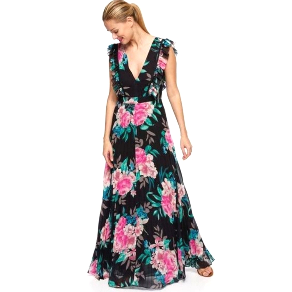 Eliza J Nwot Black/Pink Peonies Floral Cap Ruffle Sleeve Pleated Vneck Maxidress